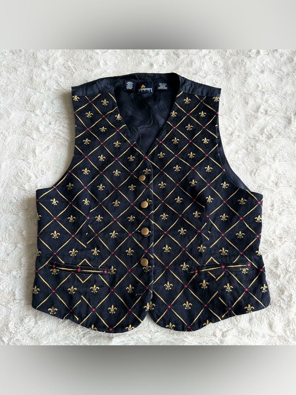 Vintage Liz Claiborne Sport Vest Womens Petite Medium Navy Fleur de Lis Formal